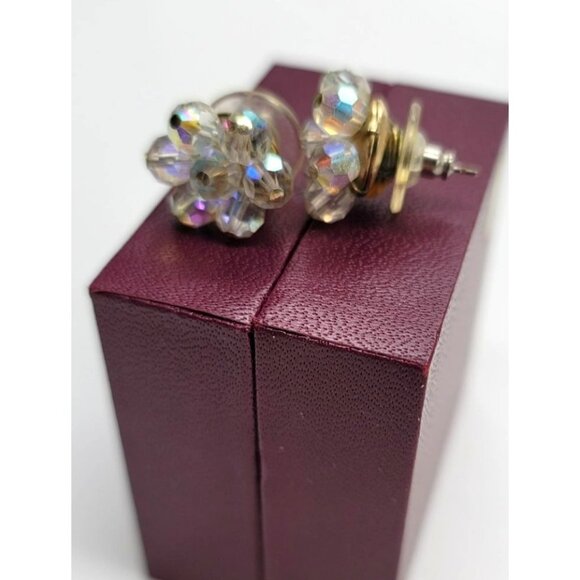 Beaded Iridescent Post Earrings Floral Style Clear with Rainbow Coloring LI303 - Picture 2 of 7